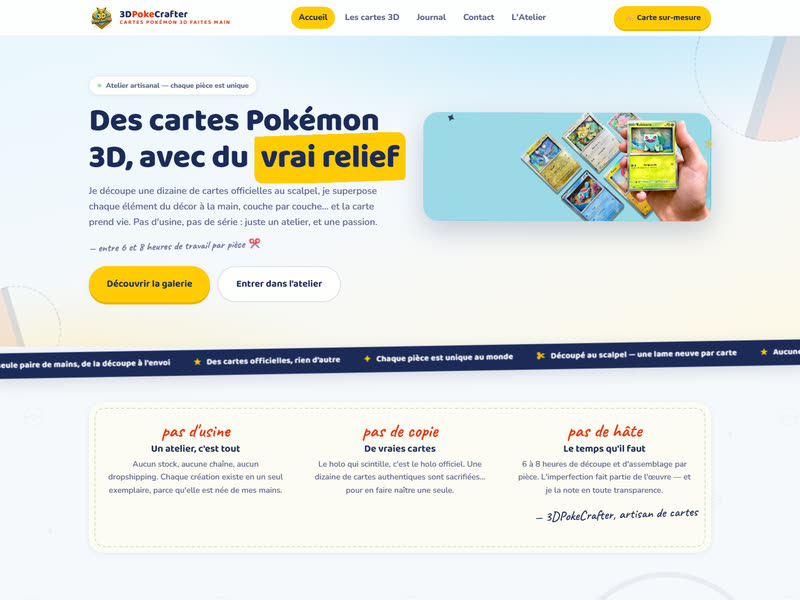 Page d'accueil du site 3DPokeCrafter, cartes Pokémon 3D faites main