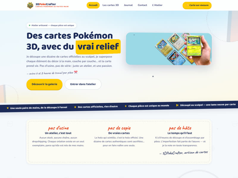 Page d'accueil du site 3DPokeCrafter, cartes Pokémon 3D faites main