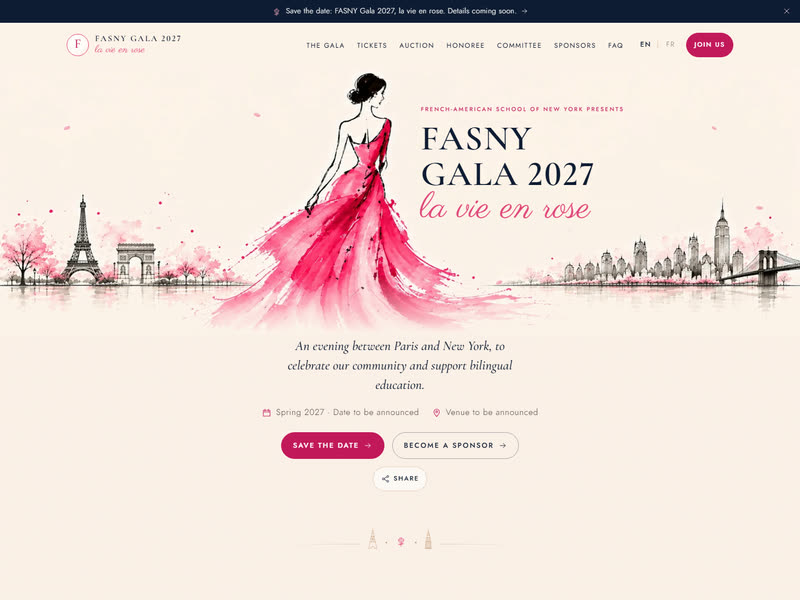 Site internet du FASNY Gala 2027 « la vie en rose », French-American School of New York