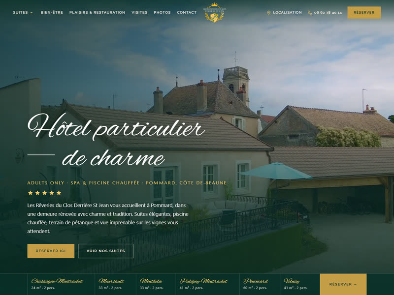 Page d'accueil du site de l'hôtel Les Rêveries du Clos à Pommard