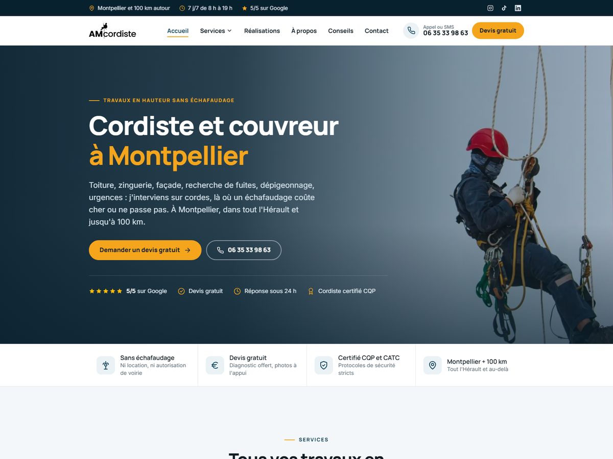 Page d'accueil du site d'AM Cordiste, cordiste et couvreur à Montpellier