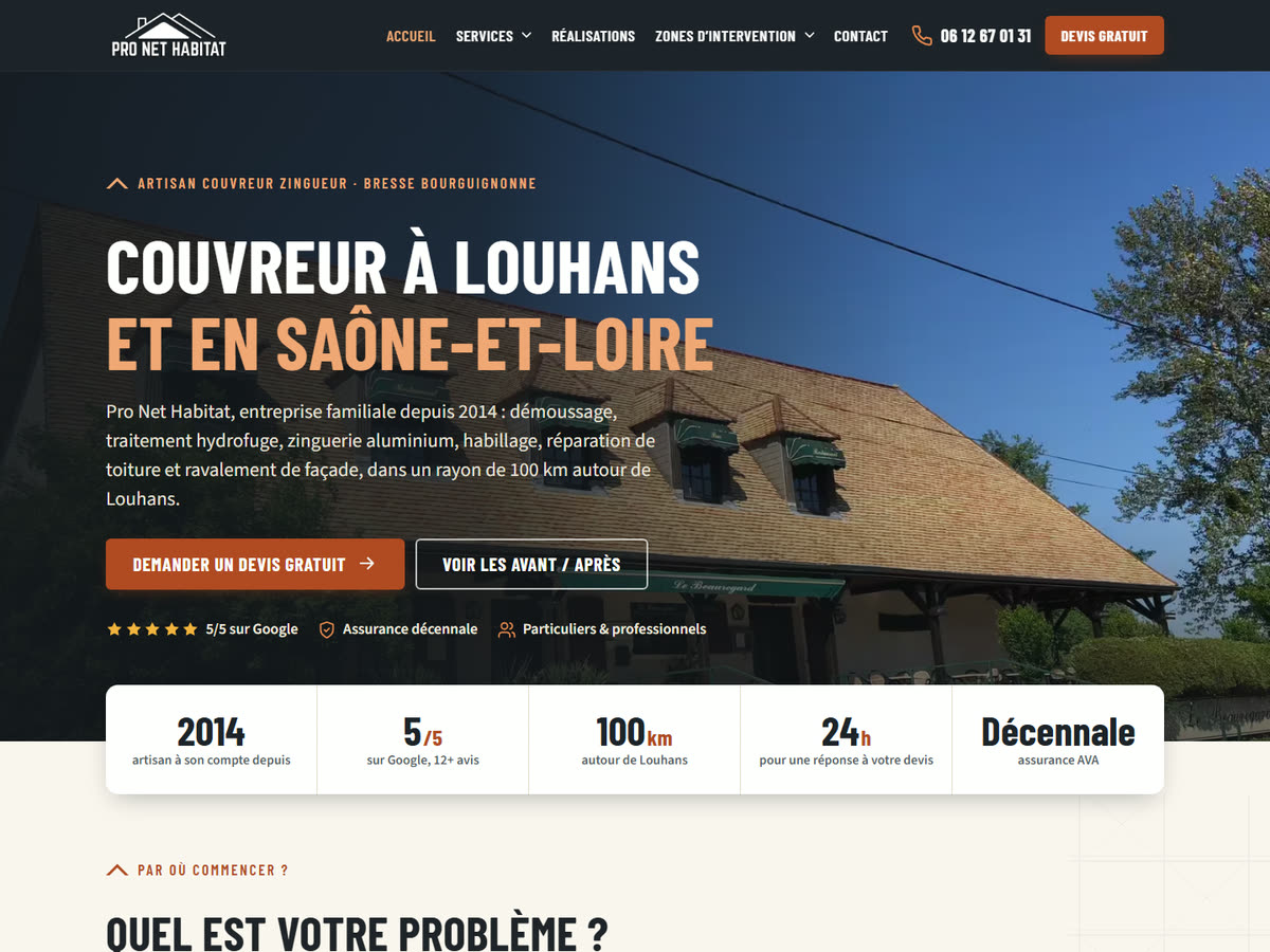 Site internet de Pro Net Habitat, couvreur et zingueur à Louhans